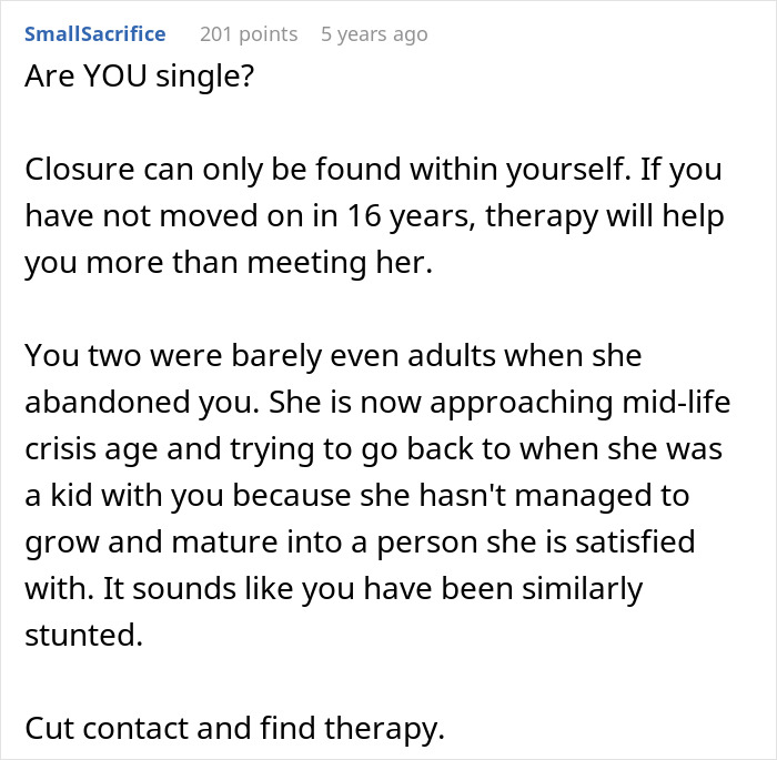 Comment advising therapy after fiancé disappears and man left without closure, reconnecting 16 years later.