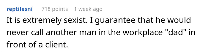 Text comment expressing frustration about coworker calling woman his work mom and workplace sexism concerns.