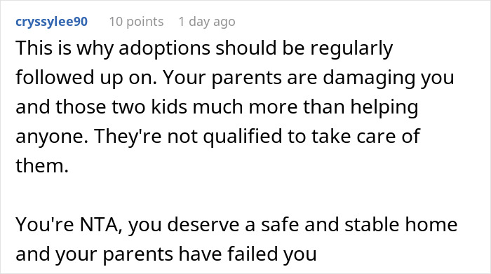 Reddit comment screenshot about adoption concerns, mentioning exhausted teen and parents failing to provide stability Reddit comment screenshot about adoption concerns, mentioning exhausted teen and parents failing to provide stability
