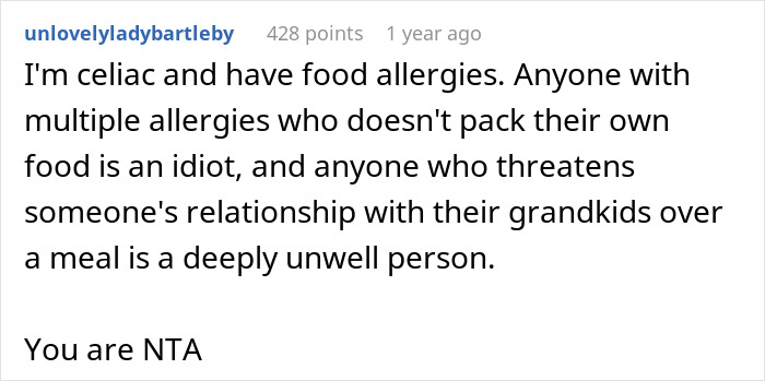 Comment discussing food allergies and family dynamics, highlighting reactions to allergy-related demands and relationships.