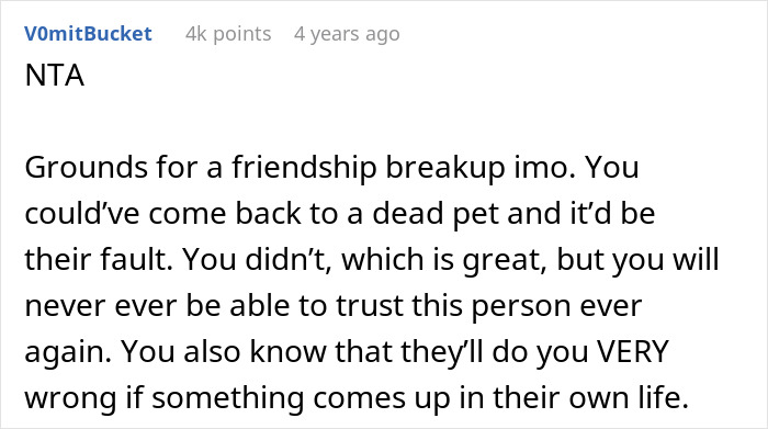 Comment discussing broken trust after bestie fails bunny care and goes missing during vacation.