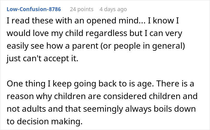 Comment discussing challenges in family acceptance after a son’s coming out amid transphobic reactions and family struggles. Comment discussing challenges in family acceptance after a son’s coming out amid transphobic reactions and family struggles.