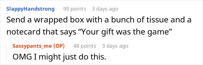 Screenshot of an online comment thread discussing a woman who thinks she deserves another Christmas gift after opening one early.