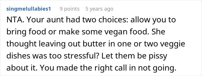 Screenshot of a Reddit comment discussing frustration over no vegan options at Christmas Eve dinner.