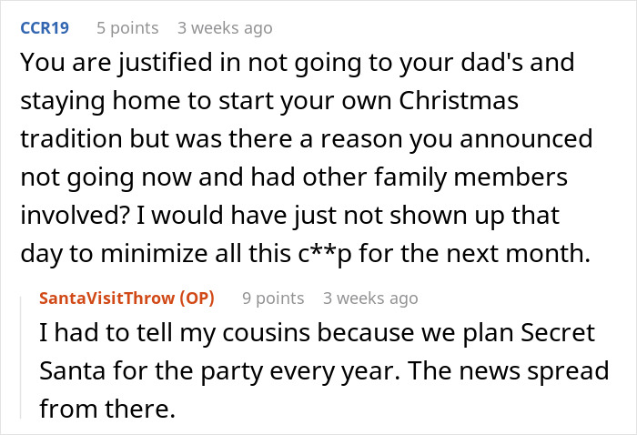 Comment thread discussing babysitting and a step-grandma sneaking a baby to Santa during a holiday family event.