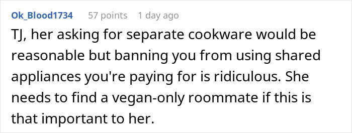 Comment discussing refusal to follow strict vegan rules in a shared kitchen and roommate conflict over cookware use.