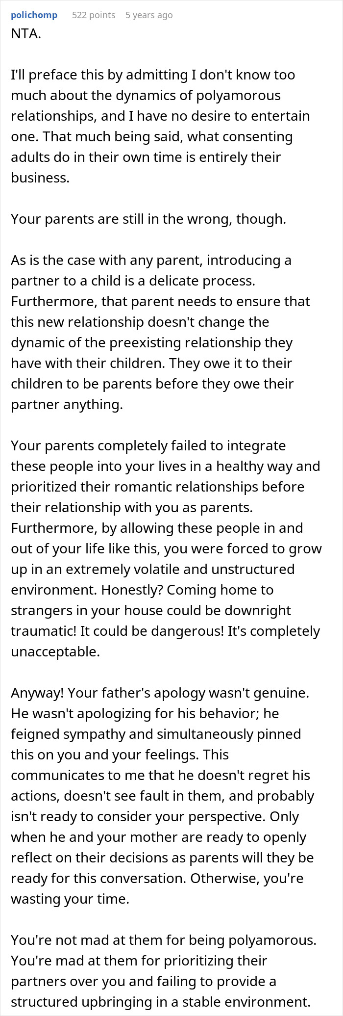 Comment discussing trauma caused by parents favoring their polyamorous partners over their child and its lasting impact. Comment discussing trauma caused by parents favoring their polyamorous partners over their child and its lasting impact.