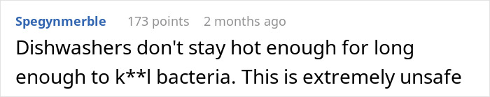 Comment discussing why cooking food in the dishwasher is considered unsafe due to insufficient heat to k**l bacteria.