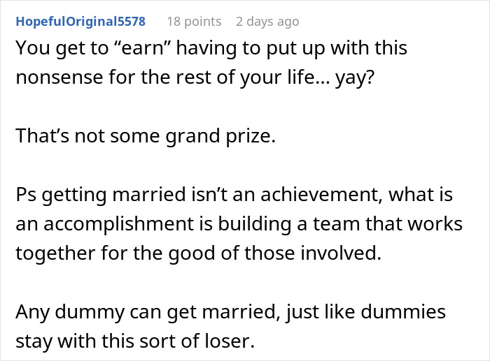 Screenshot of an online comment debating the idea that a woman must earn an engagement ring after years of dating. Screenshot of an online comment debating the idea that a woman must earn an engagement ring after years of dating.