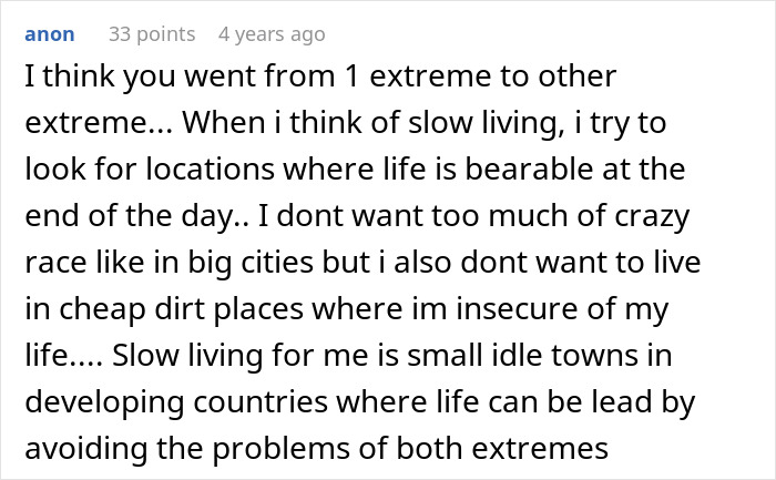 Comment discussing challenges of slow living and disillusionment after moving to an African country for simpler lifestyle.