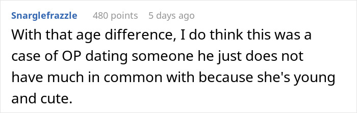 Comment on relationship ending as boyfriend&rsquo;s passion for pastries leaves no room for woman, discussing age difference.