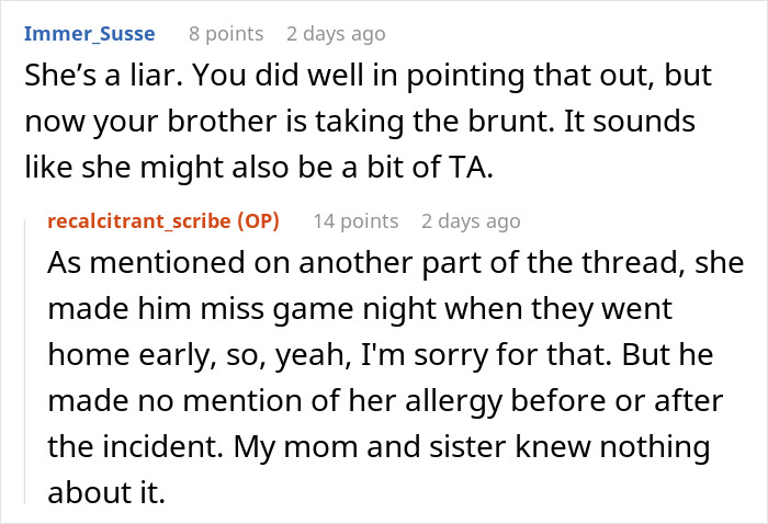 Reddit comments discussing a woman calling out sister-in-law for pretending to have a food allergy.