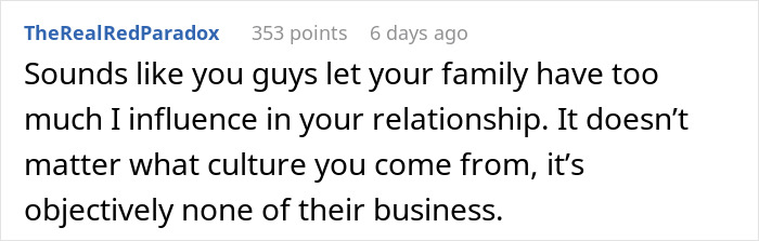 Comment discussing family influence in a relationship, related to man considering canceling wedding after PI investigation.