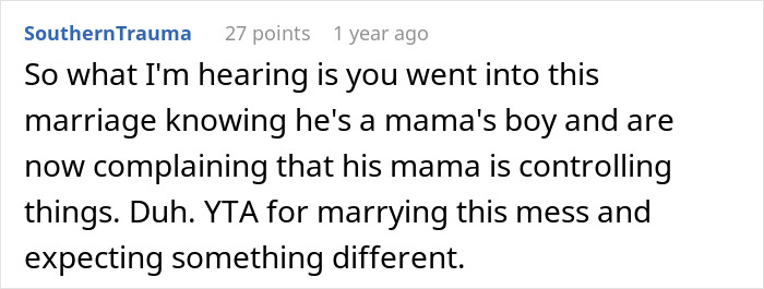 Reddit comment criticizing a marriage where the mother-in-law insists on wearing a white dress to her son's wedding.