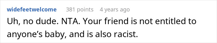 Screenshot of an online comment calling out a friend for being racist and not entitled to a white baby.