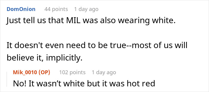 Screenshot of an online discussion about a MIL&rsquo;s plan to make the bride look ugly in a wedding illustration.