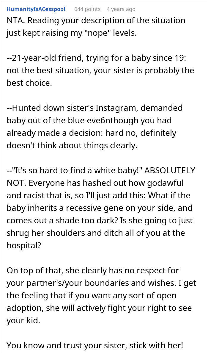 Text discussing a racist demand for a white baby and conflict over adoption between friends and sister.