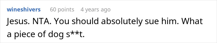 Screenshot of a Reddit comment reacting strongly to a man demanding his cousin pay for a cruel prank.