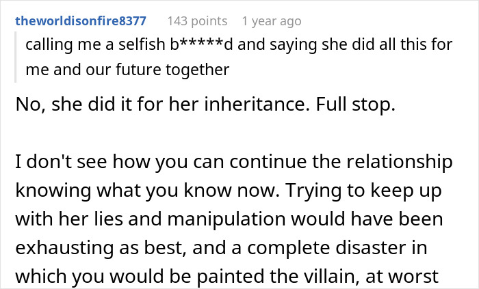 Screenshot of a Reddit comment discussing relationship struggles and pressure to lie about career and manipulation issues.