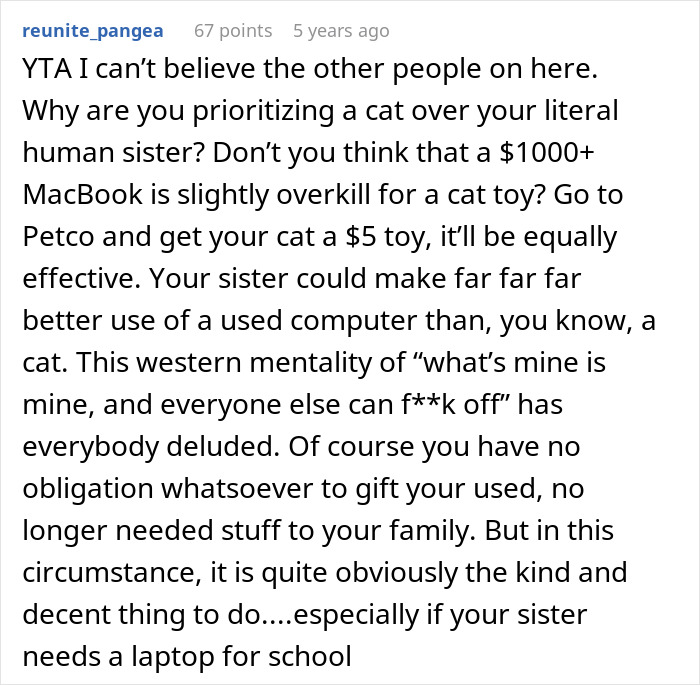 Comment discussing controversy after guy splits the internet by giving his old laptop to his cat instead of his sister.