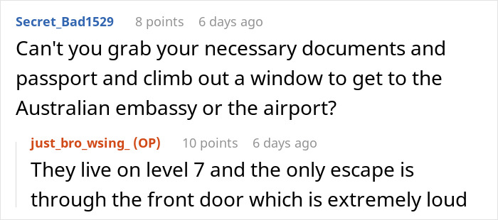 Online conversation discussing being held hostage at parents&rsquo; place and exploring possible escape options and challenges.