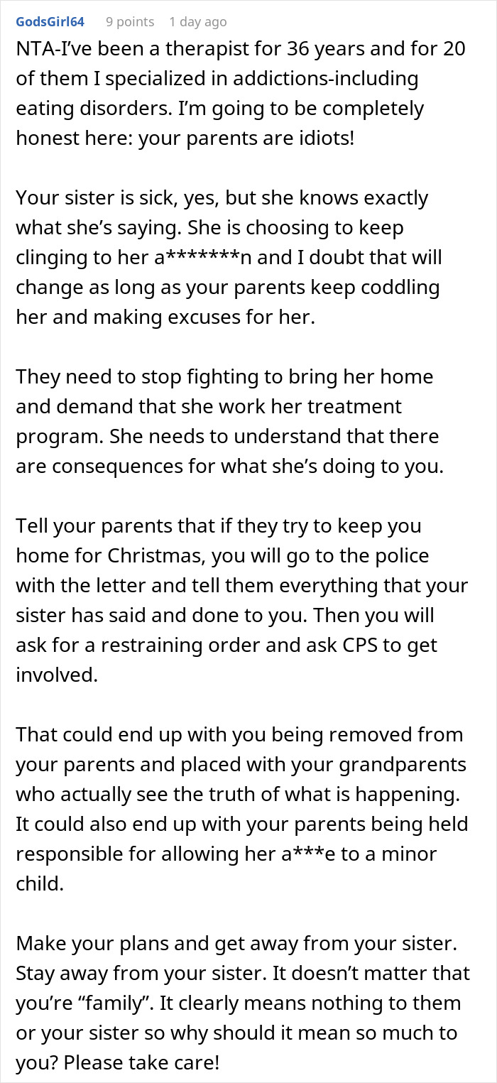 Alt text: Therapist warns about sister&rsquo;s threats and urges parents to push for treatment and a safe family Christmas reunion