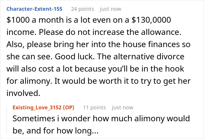 Screenshot of online discussion about a stay-at-home mom feeling poor despite receiving 1000 dollars monthly as fun money.
