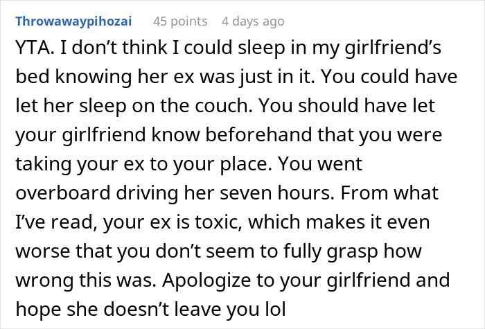 Comment discussing a guy going above and beyond for his ex, causing upset with his current partner over boundaries.