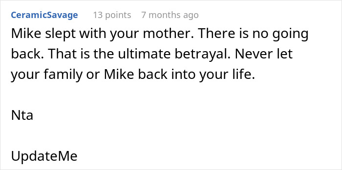 Comment revealing groom cheated with bride's mom causing ultimate betrayal and bride walking out of wedding.