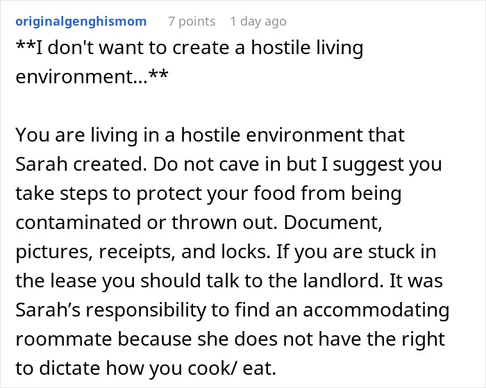 Comment discussing refusal to follow roommate&rsquo;s strict vegan rules in shared kitchen and accusations of being selfish