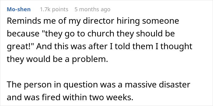 Comment about a boss making an employee hire his crush, resulting in a disastrous and quick firing. Comment about a boss making an employee hire his crush, resulting in a disastrous and quick firing.