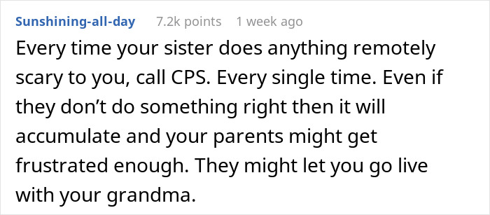 Screenshot of a Reddit comment advising to call CPS anytime a teen feels scared of his violent sister.