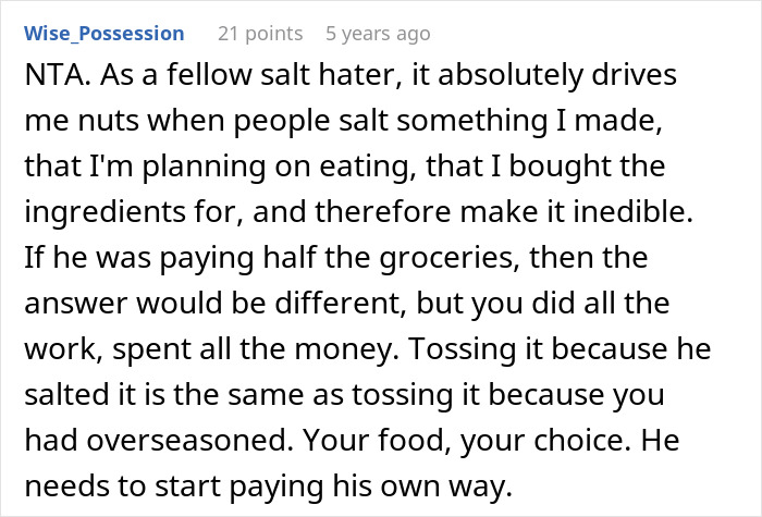 Woman rethinks relationship after boyfriend salts entire pot of chili, ruining the meal she made and planned to eat.