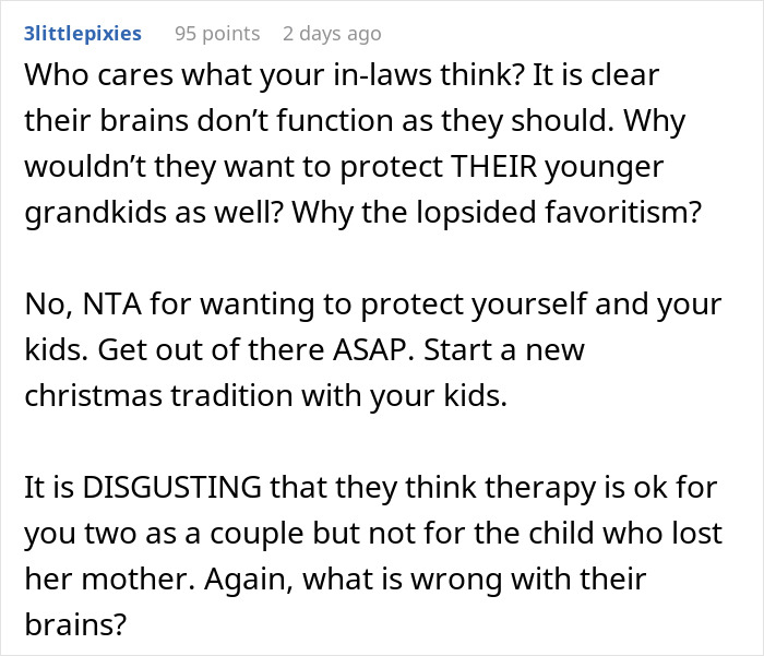 Comment expressing frustration over in-laws&rsquo; behavior and protecting kids from stepdaughter&rsquo;s actions in family conflict.