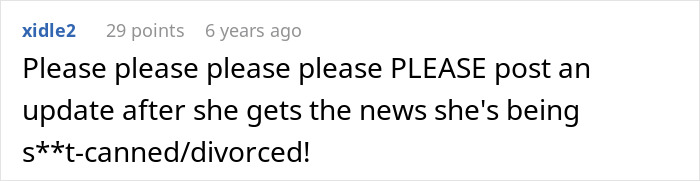 Comment on a forum post expressing urgency for an update about unhinged MIL losing her job after revengeful DIL discovers her promotion consideration.