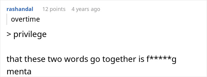 Reddit comment discussing privilege and overtime, highlighting a coffee shop worker&rsquo;s experience with manager rules.