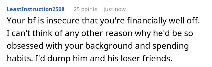 Screenshot of an online comment discussing a boyfriend accused of insecurity over girlfriend&rsquo;s spending to prove herself.