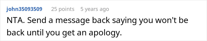 Reddit comment showing a user advising to send a message demanding an apology in an online argument about closing a closet door.