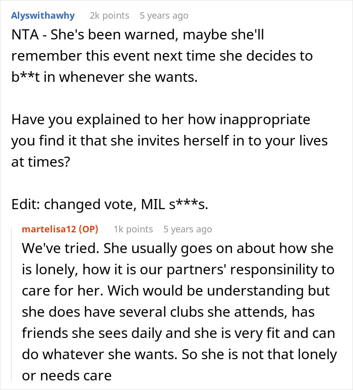 Reddit conversation showing women ruining MIL surprise by pretending not to know she was coming, discussing boundaries and care. Reddit conversation showing women ruining MIL surprise by pretending not to know she was coming, discussing boundaries and care.
