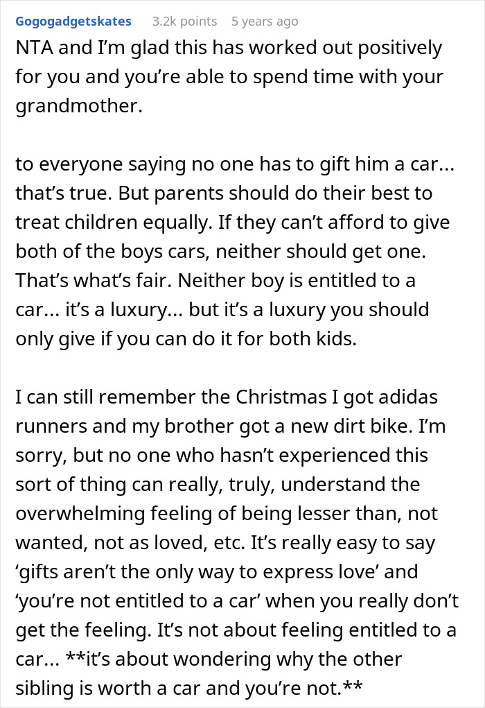 Comment discussing teen anger over stepbrother receiving a car for Christmas gift, viewed as parental favoritism.