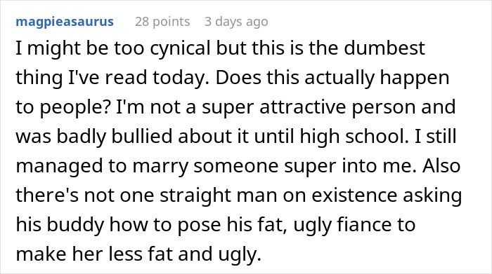 Screenshot of an online comment reacting to secret texts about fiance complaining about her appearance and wedding photos concerns.