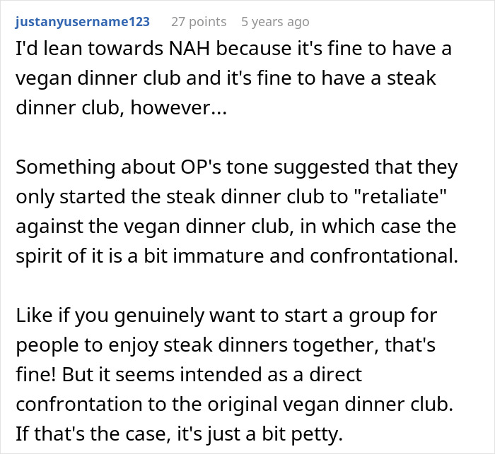 Comment discussing employee pushback against vegan-only club and starting a steak dinner club in retaliation.