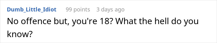 Screenshot of an online comment questioning an 18-year-old teen&rsquo;s understanding amid a $30k money dispute with mom.