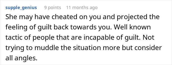 Comment discussing accusations and guilt projection in a relationship involving a wife and husband reputation conflict.