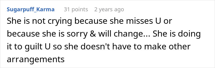 Comment from Sugarpuff_Karma explaining emotional guilt tactics used by a mom to avoid childcare arrangements after a 23-year-old moves out.