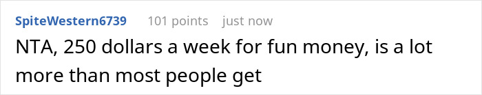 Screenshot of a Reddit comment discussing fun money amount and feeling poor despite receiving monthly allowance.
