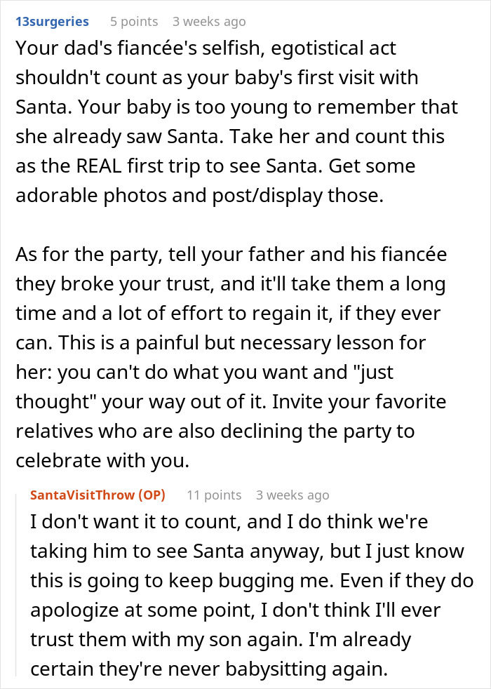 Step-grandma sneaks baby to Santa while watching him, causing loss of babysitting privileges and family trust issues.