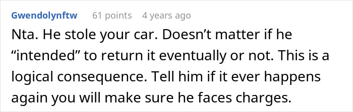 Screenshot of a forum comment supporting a woman whose family turned on her after her half-brother stole her car.