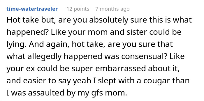 Comment discussing doubts about a bride walking out after learning the groom cheated with her mom.