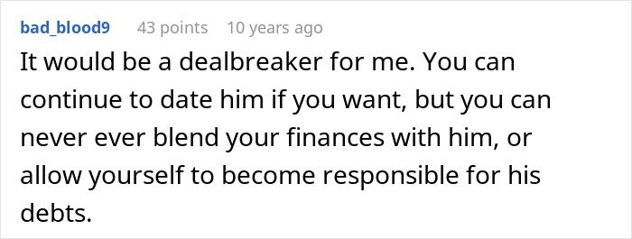 Screenshot of a social media comment discussing relationship dealbreakers involving lies and financial responsibility.